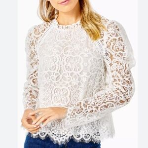 LILLY PULITZER WOMENS AVERI WHITE LACE LONG SLEEVE TOP BLOUSE SZ MEDIUM PUFF